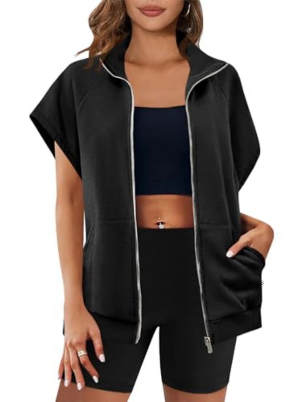 Sleeveless Zip Up Fleece Sweatshirt with Pockets Oversized Polycotton